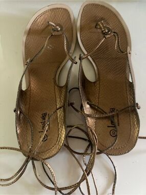 Sandals, lace around ankle, gold, 9